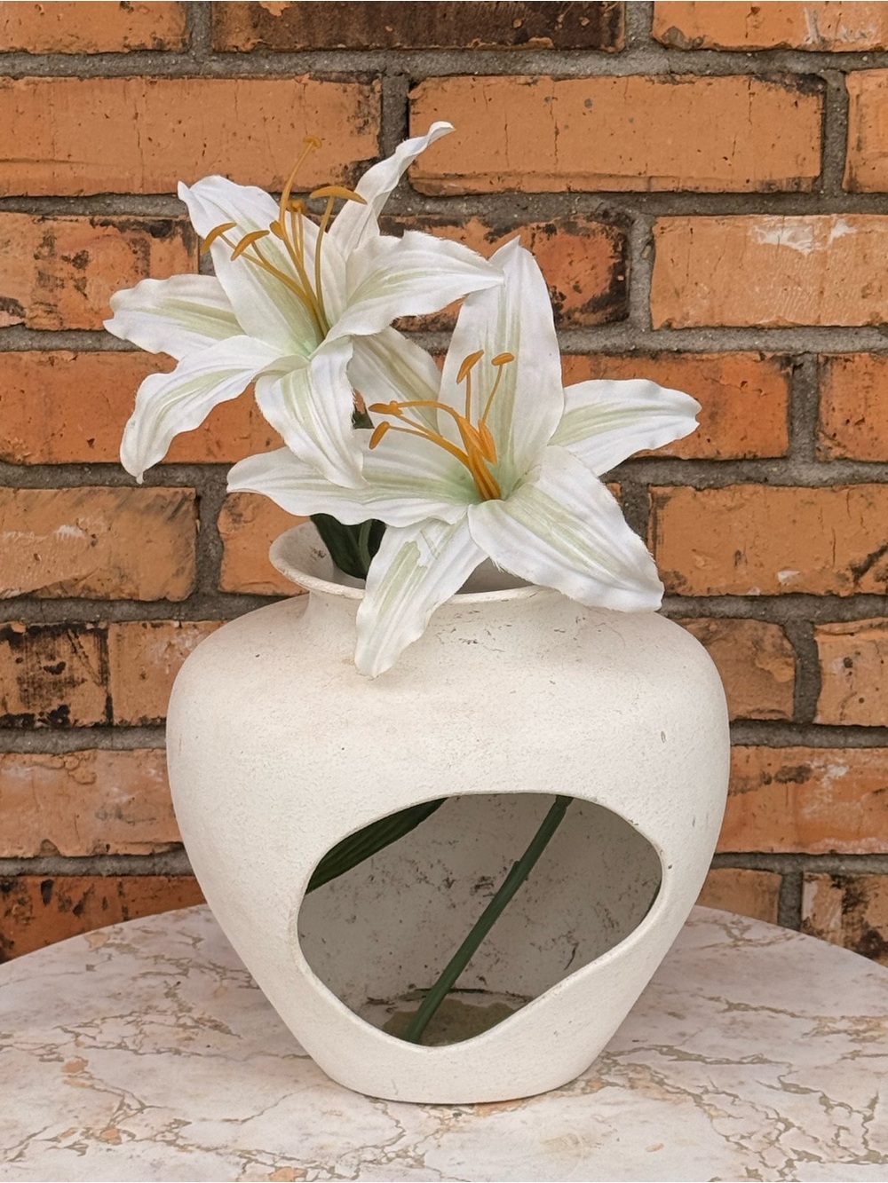 Mid Century Modern White Decorative Ceramic Vase with Cutout & Silk Florals
